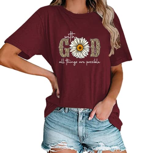 with God All Things are Possible T-Shirt Faith Jesus Graphic Shirt for Women