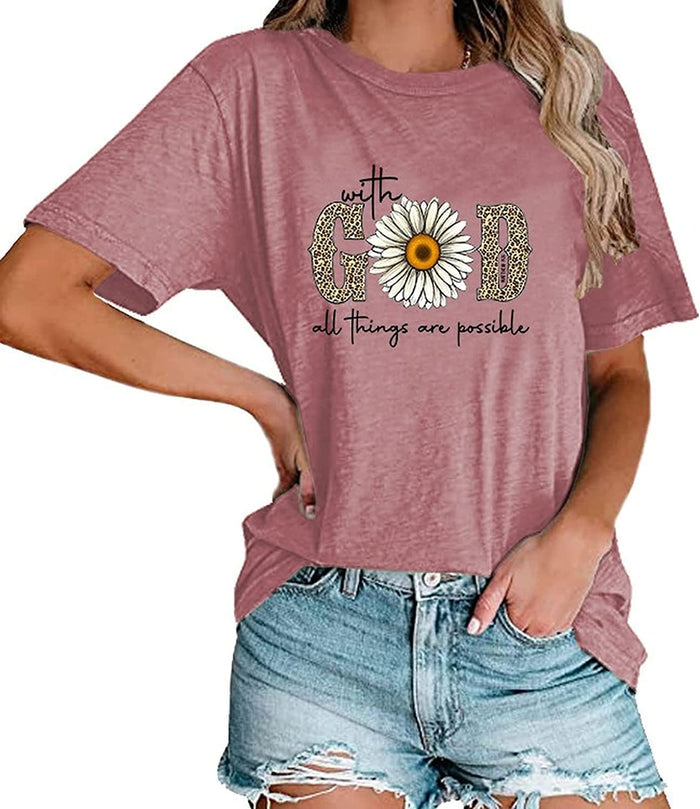 with God All Things are Possible T-Shirt Faith Jesus Graphic Shirt for Women