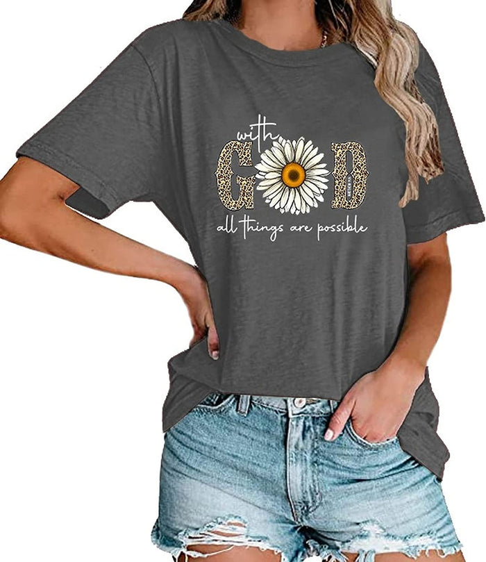 with God All Things are Possible T-Shirt Faith Jesus Graphic Shirt for Women