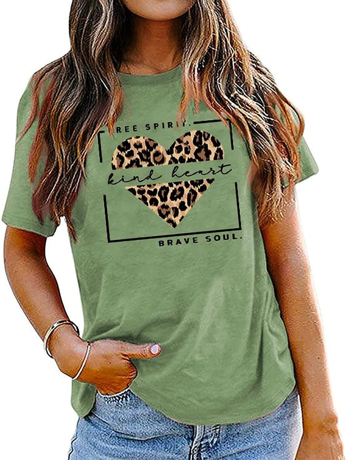 Woman Free Spirit Kind Heart Brave Soul Leopard Heart T-Shirt Women Graphic Shirt