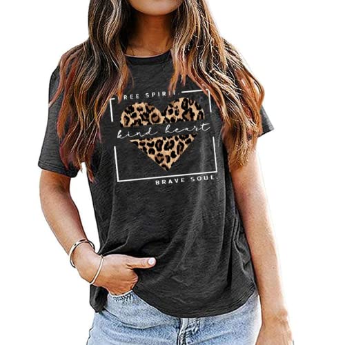 Woman Free Spirit Kind Heart Brave Soul Leopard Heart T-Shirt Women Graphic Shirt