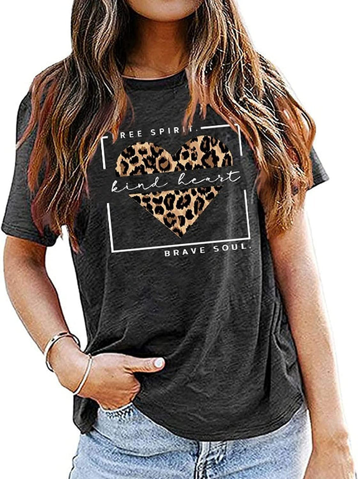 Woman Free Spirit Kind Heart Brave Soul Leopard Heart T-Shirt Women Graphic Shirt