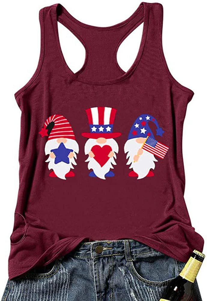 Women American Flag Gnomes Love Heart Tank Top Patriotic Gnomes Shirt