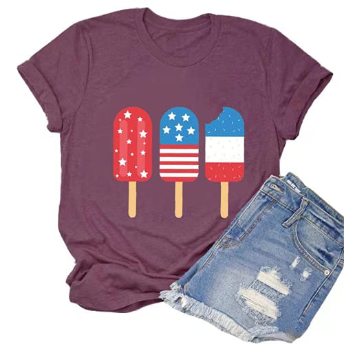 Women American Flag Ice Cream Popsicle T-Shirt 4th of July Graphic Tee