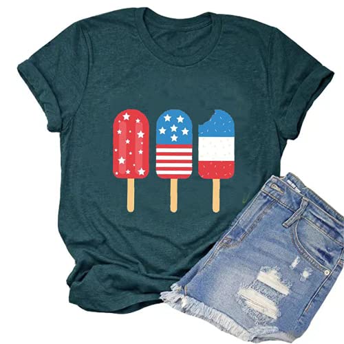 Women American Flag Ice Cream Popsicle T-Shirt 4th of July Graphic Tee