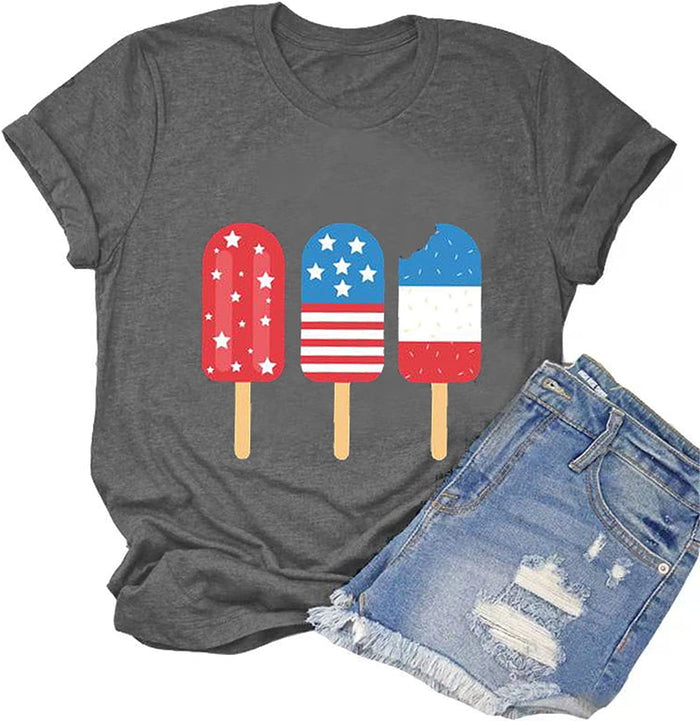 Women American Flag Ice Cream Popsicle T-Shirt 4th of July Graphic Tee