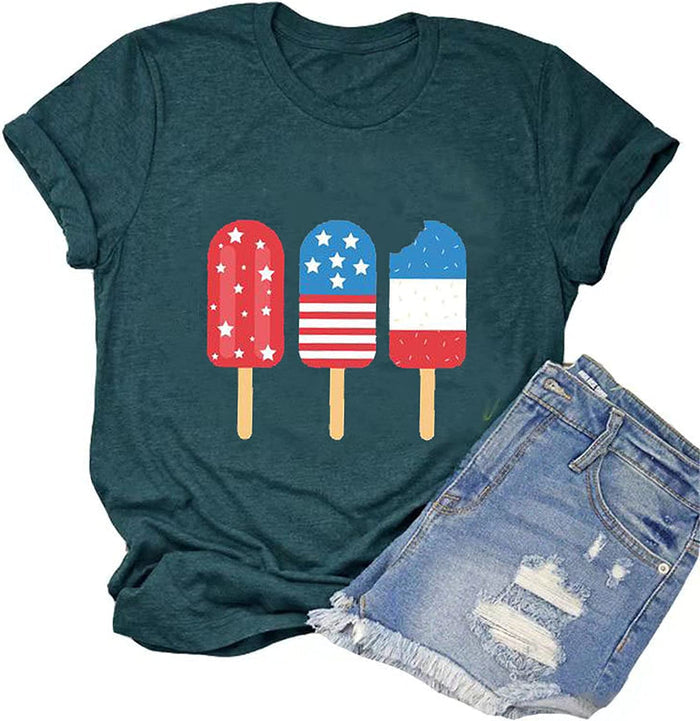 Women American Flag Ice Cream Popsicle T-Shirt 4th of July Graphic Tee