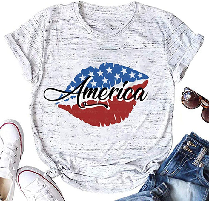 Women American Flag Lips T-Shirt 4th of July Shirt
