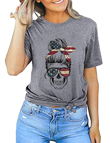 Women American Flag Skull T-Shirt Skull Mom Shirt
