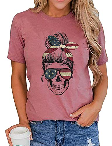 Women American Flag Skull T-Shirt Skull Mom Shirt