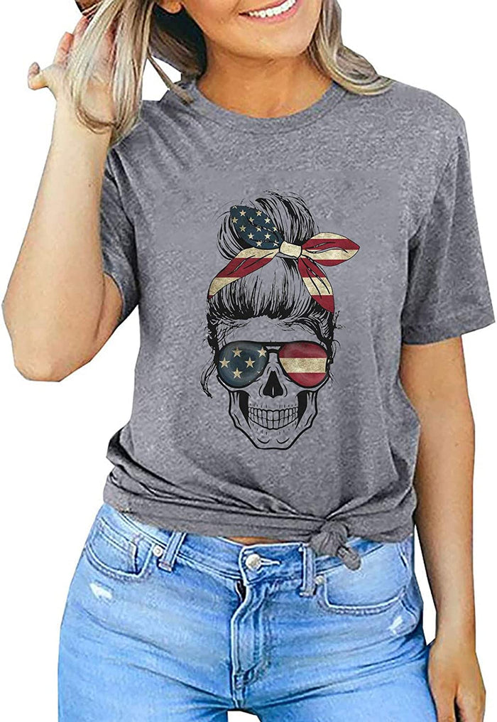 Women American Flag Skull T-Shirt Skull Mom Shirt