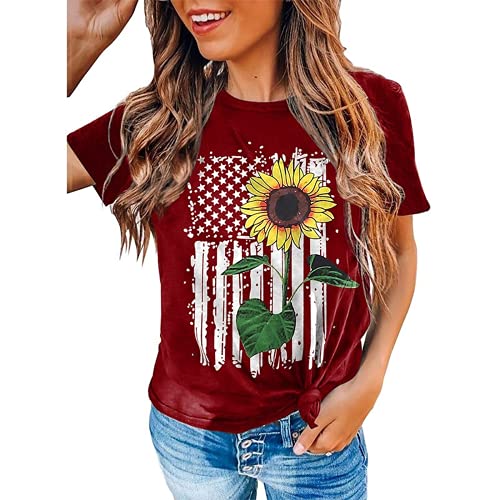 Women American Flag Sunflower T-Shirt Sunflower Graphic Tee Shirt