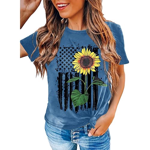 Women American Flag Sunflower T-Shirt Sunflower Graphic Tee Shirt