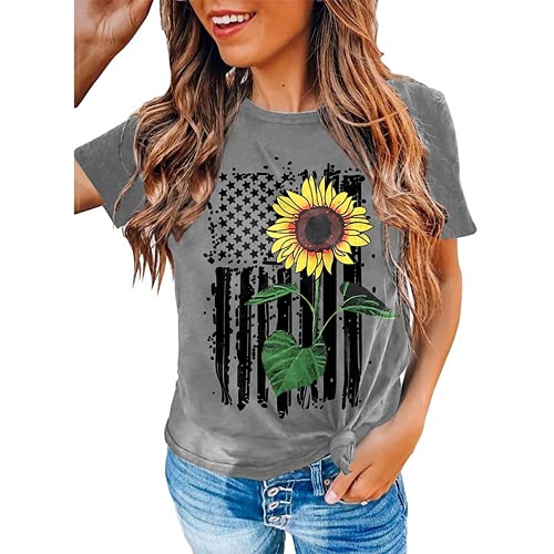 Women American Flag Sunflower T-Shirt Sunflower Graphic Tee Shirt