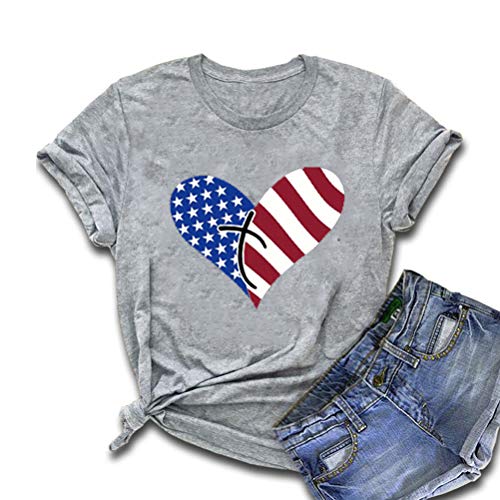 Women American Flag T-Shirt Heart Faith Shirt for Independence Day