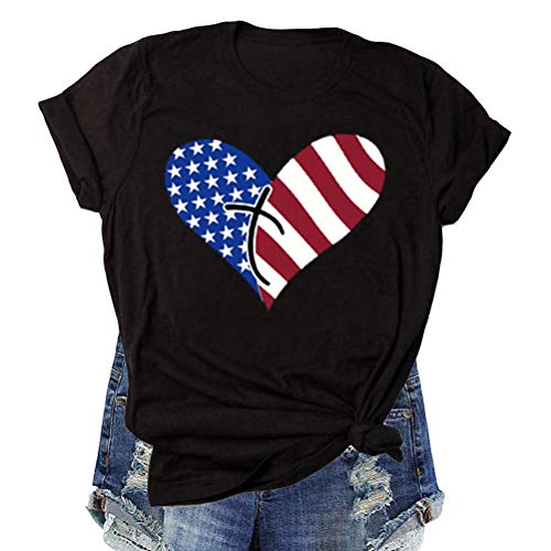 Women American Flag T-Shirt Heart Faith Shirt for Independence Day