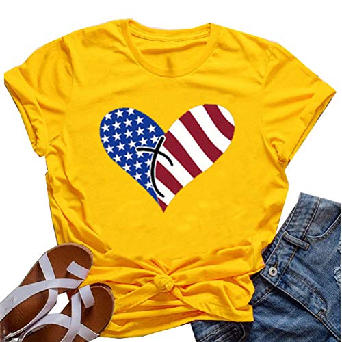 Women American Flag T-Shirt Heart Faith Shirt for Independence Day