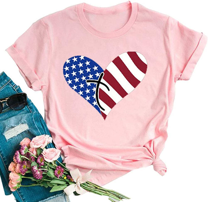 Women American Flag T-Shirt Heart Faith Shirt for Independence Day