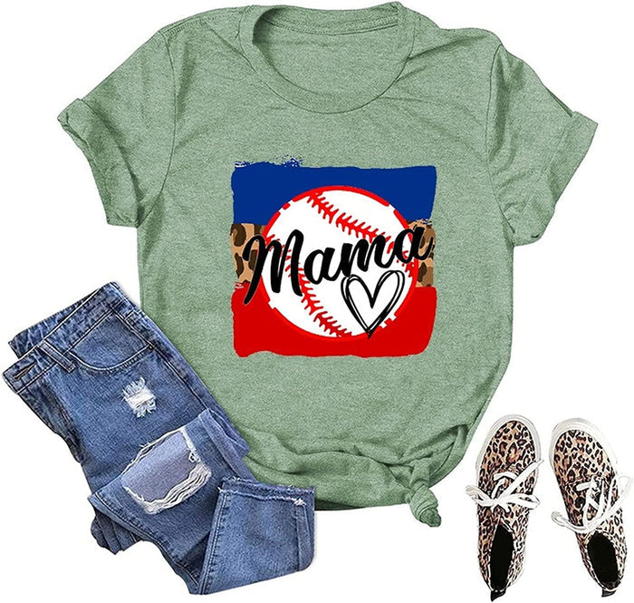 Women Baseball Mama T-Shirt Funny Baseball Mom Tees Tops