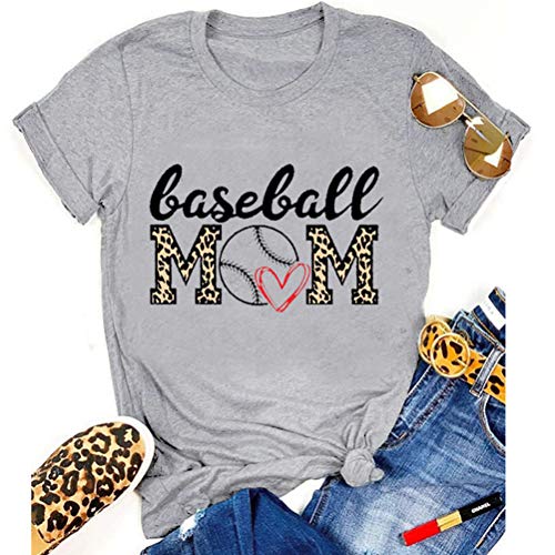 Women Baseball Mom Heart Leopard Printed T-Shirt