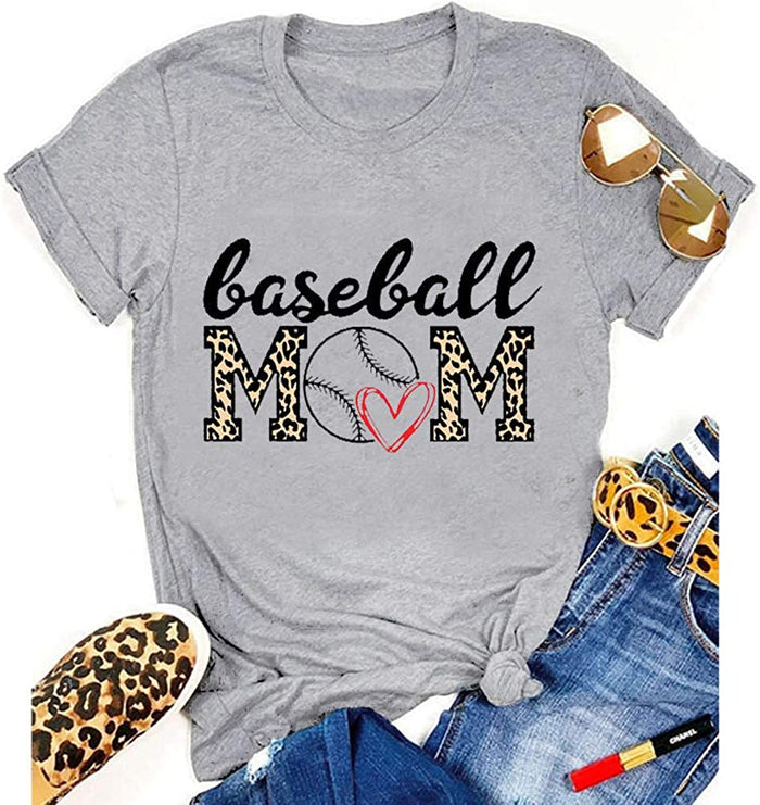 Women Baseball Mom Heart Leopard Printed T-Shirt