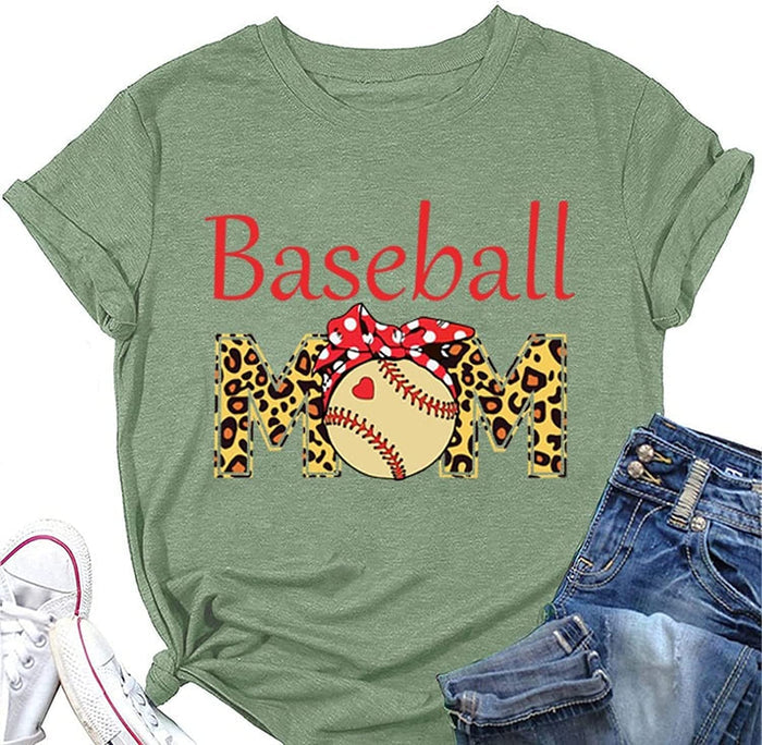 Women Baseball Mom T-Shirt Women Funny Leopard Graphic Mama Shirt