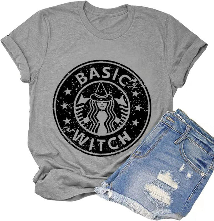 Women Basic Witch T-Shirt Funny Coffee Graphic T-Shirt for Women