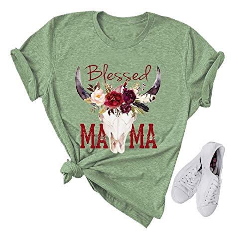 Women Blessed Mama Bull Skull T-Shirt Floral Mama Shirt