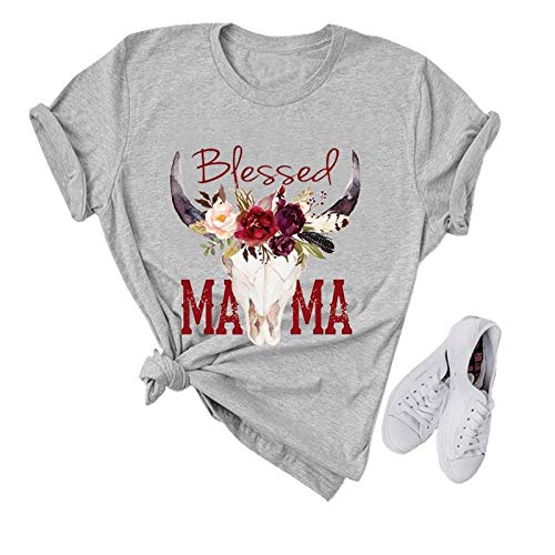 Women Blessed Mama Bull Skull T-Shirt Floral Mama Shirt