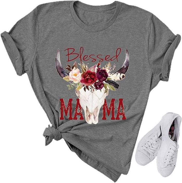 Women Blessed Mama Bull Skull T-Shirt Floral Mama Shirt