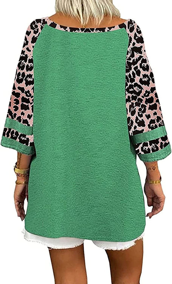 Women Blouse 3/4 Raglan Sleeves Striped Contrast Color Leopard Print Tunic Top for Women