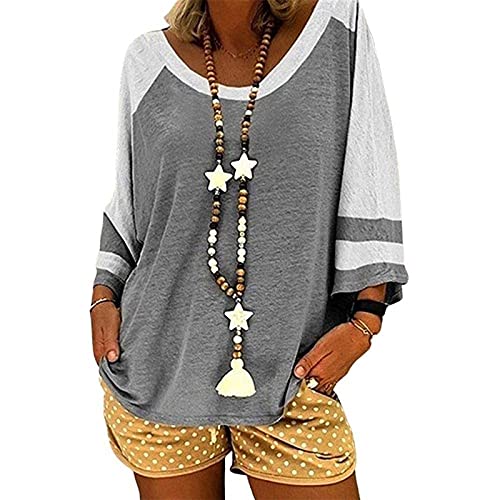 Women Blouse 3/4 Raglan Sleeves Striped Contrast Color Leopard Print Tunic Top for Women