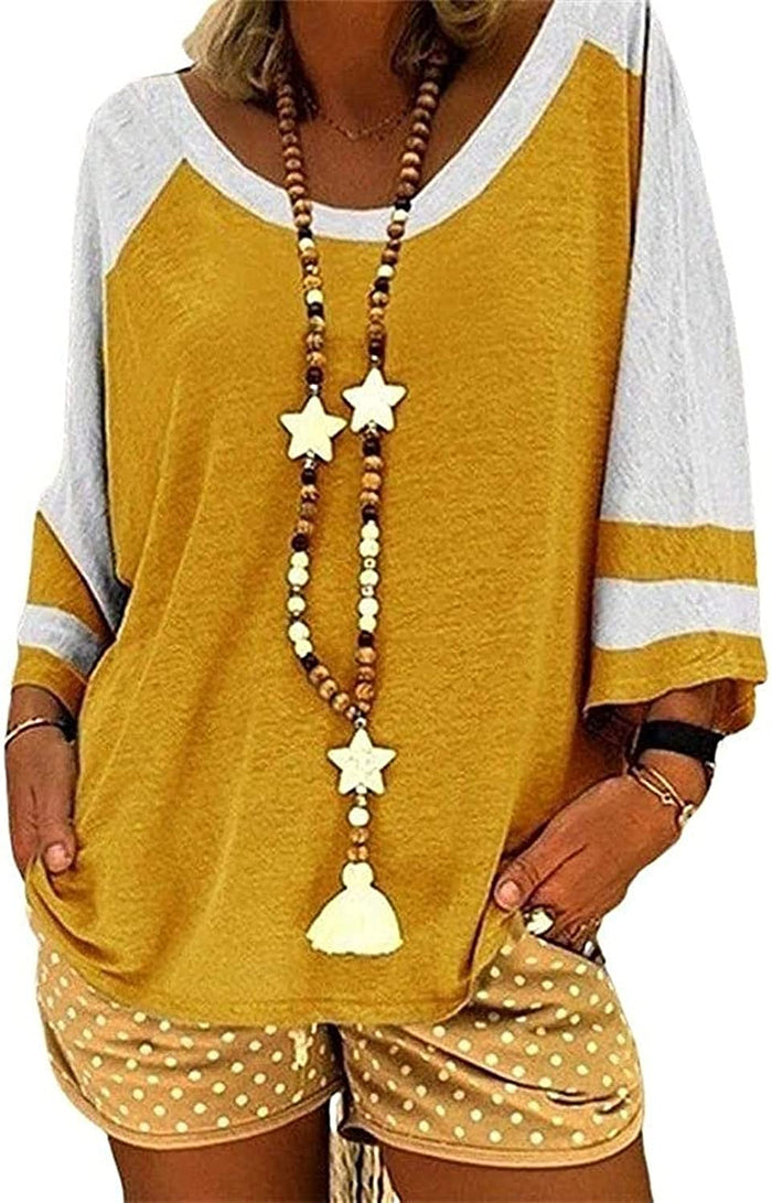 Women Blouse 3/4 Raglan Sleeves Striped Contrast Color Leopard Print Tunic Top for Women