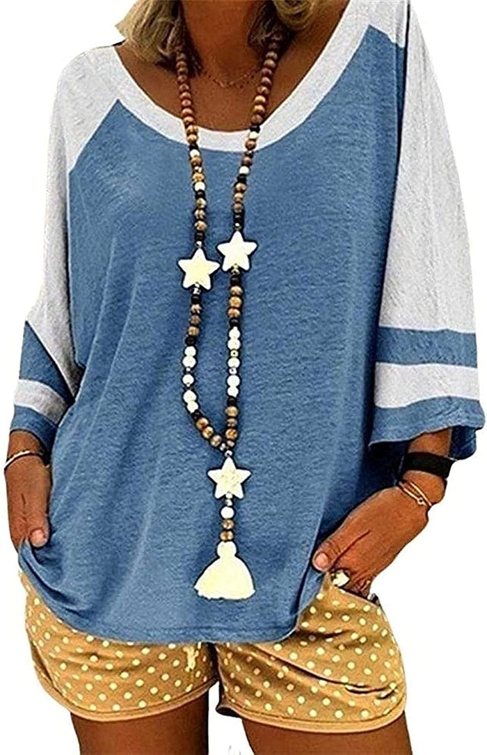 Women Blouse 3/4 Raglan Sleeves Striped Contrast Color Leopard Print Tunic Top for Women