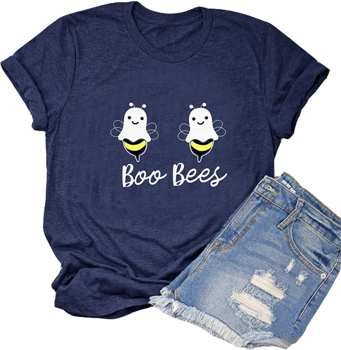 Women Boo Bees T-Shirt Halloween Cartoon Pumpkin Funny Shirt
