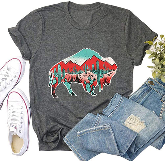 Women Buffalo Cactus T-Shirt Tribal Buffalo Cow Shirt