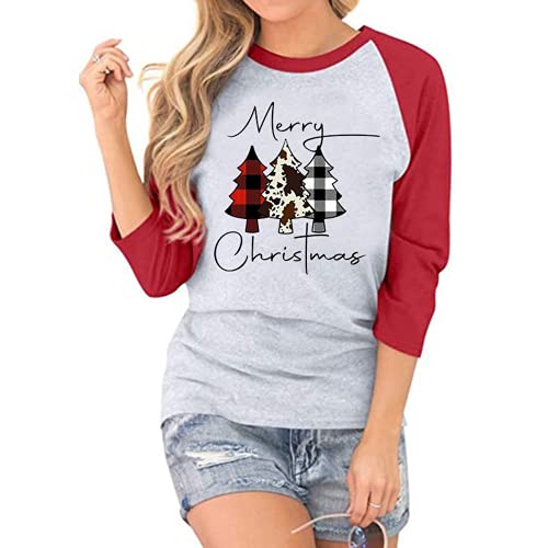Women Buffalo Plaid Christmas Shirt Merry Christmas 3/4 Raglan Sleeves Blouse
