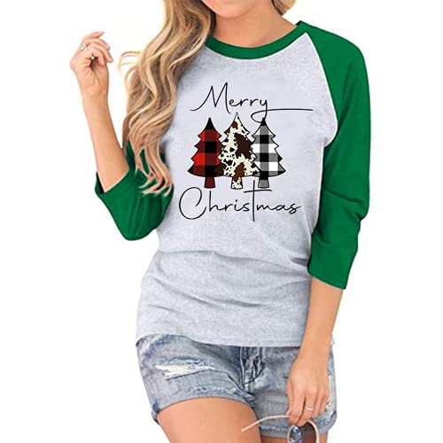 Women Buffalo Plaid Christmas Shirt Merry Christmas 3/4 Raglan Sleeves Blouse