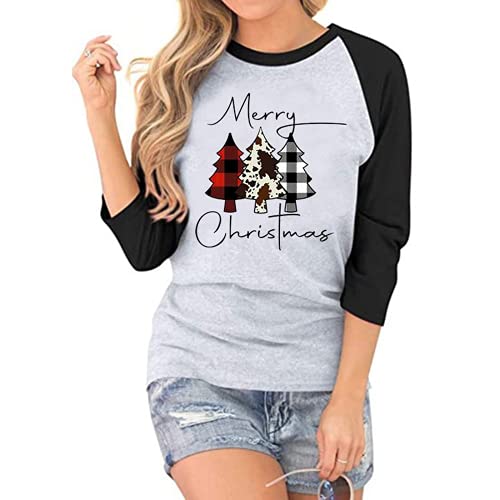 Women Buffalo Plaid Christmas Shirt Merry Christmas 3/4 Raglan Sleeves Blouse