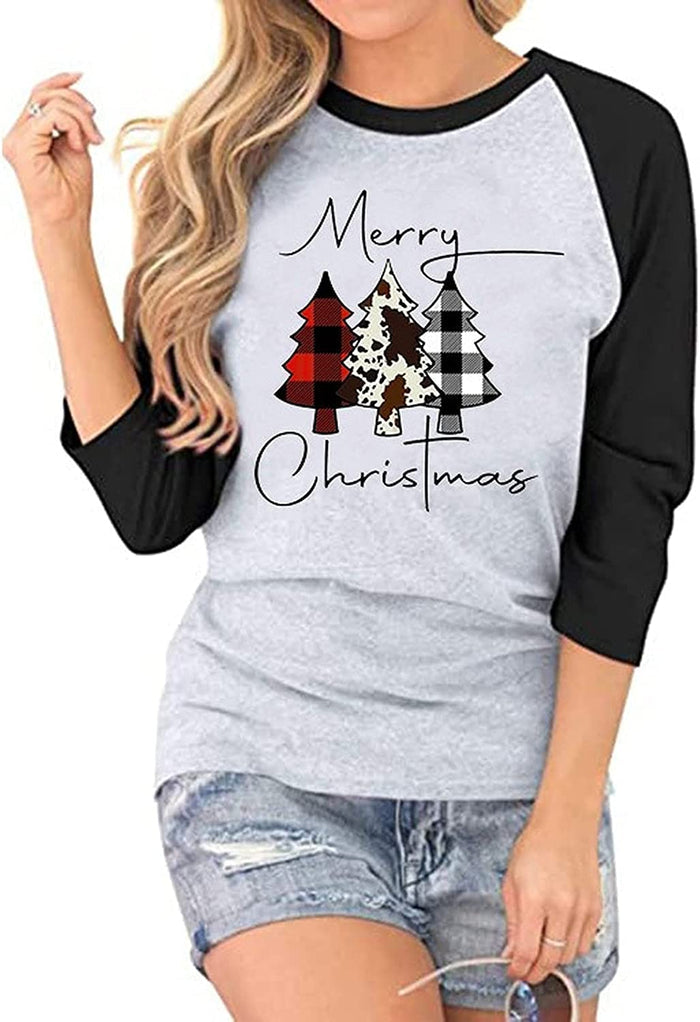 Women Buffalo Plaid Christmas Shirt Merry Christmas 3/4 Raglan Sleeves Blouse