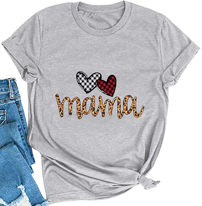 Women Buffalo Plaid Heart Leopard Mama T-Shirt
