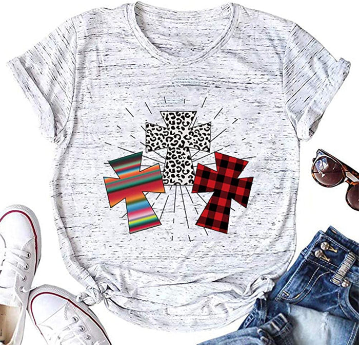 Women Buffalo Plaid Leopard Cross T-Shirt