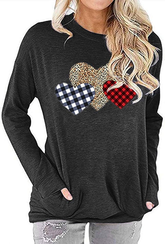 Women Buffalo Plaid & Leopard Heart Blouse with Pockets
