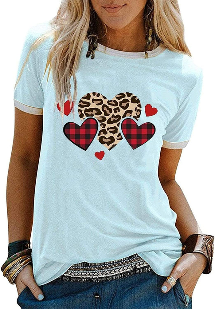 Women Buffalo Plaid & Leopard Heart T-Shirt for Valentine's Day