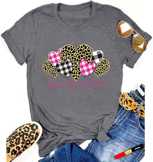 Women Buffalo Plaid & Leopard Heart T-Shirt Love Shirt