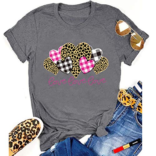 Women Buffalo Plaid & Leopard Heart T-Shirt Love Shirt