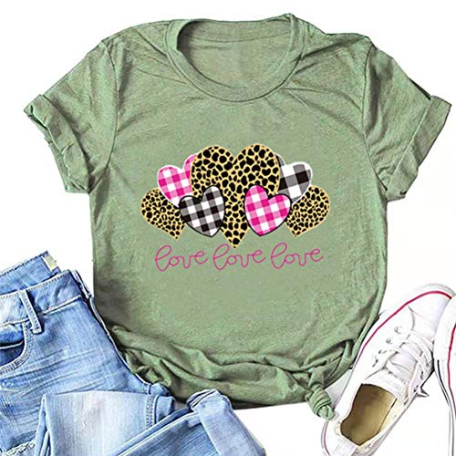 Women Buffalo Plaid & Leopard Heart T-Shirt Love Shirt