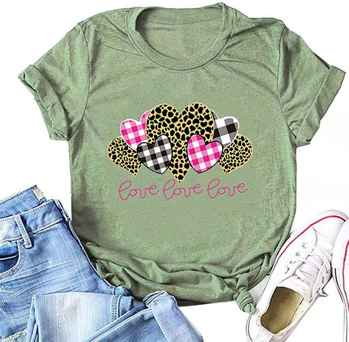 Women Buffalo Plaid & Leopard Heart T-Shirt Love Shirt