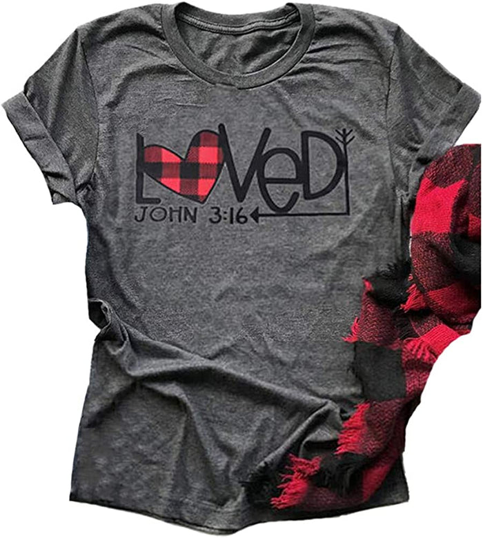 Women Buffalo Plaid & Leopard Heart T-Shirt (S, 2-Grey)