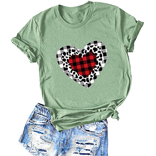 Women Buffalo Plaid & Leopard Heart T-Shirt